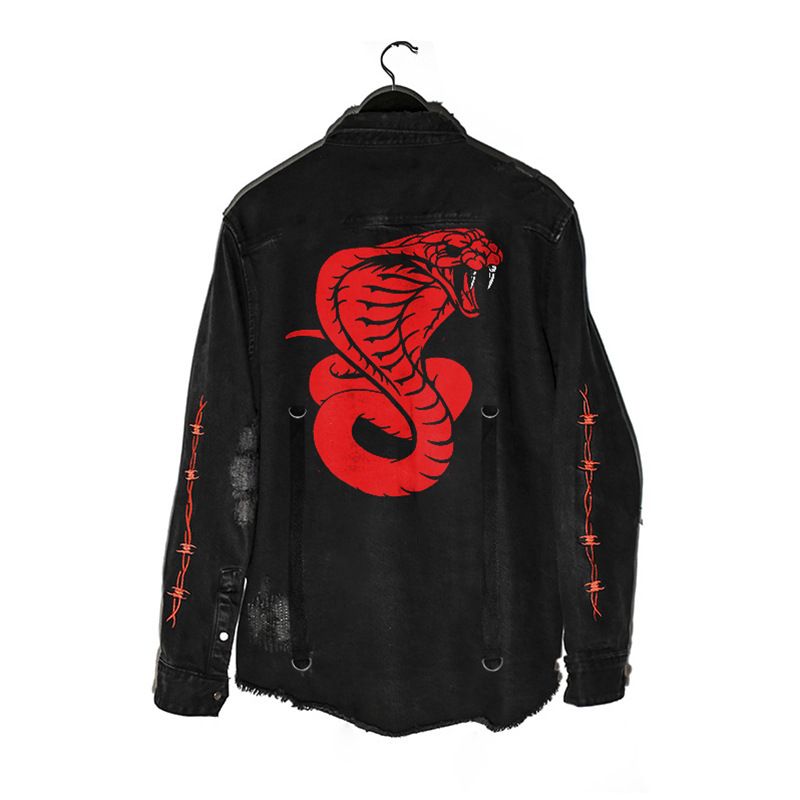 Men's Clothing Distressed Denim Jacket With Skull Embroidery – Relaxed Fit Vintage Washed Coat, Comfortable Cotton Blend, Streetwear Fashion Casual_mkmklike.com