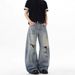 Hole Washed Old Scimitar Design Sense Jeans Men's Summer New American High Street Loose Long Pants Tide_mkmklike.com