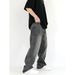 Vintage-Inspired High-Waisted Straight Leg Jeans Relaxed Fit Smoky Grey Washed Denim Elastic Waistband Floor-Length Hem for Men And Women_mkmklike.com