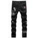 Pure European American High Street Trendy Brand Ripped English Embroidery Printed Black And White Slim Fit Small Straight Leg_mkmklike.com