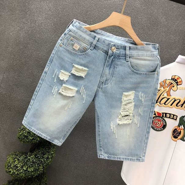 Men's Summer Lightweight Distressed Denim Shorts Casual Straight Fit Frayed Hem Five-Pocket Design Classic Five-Pocket Functionality_mkmklike.com
