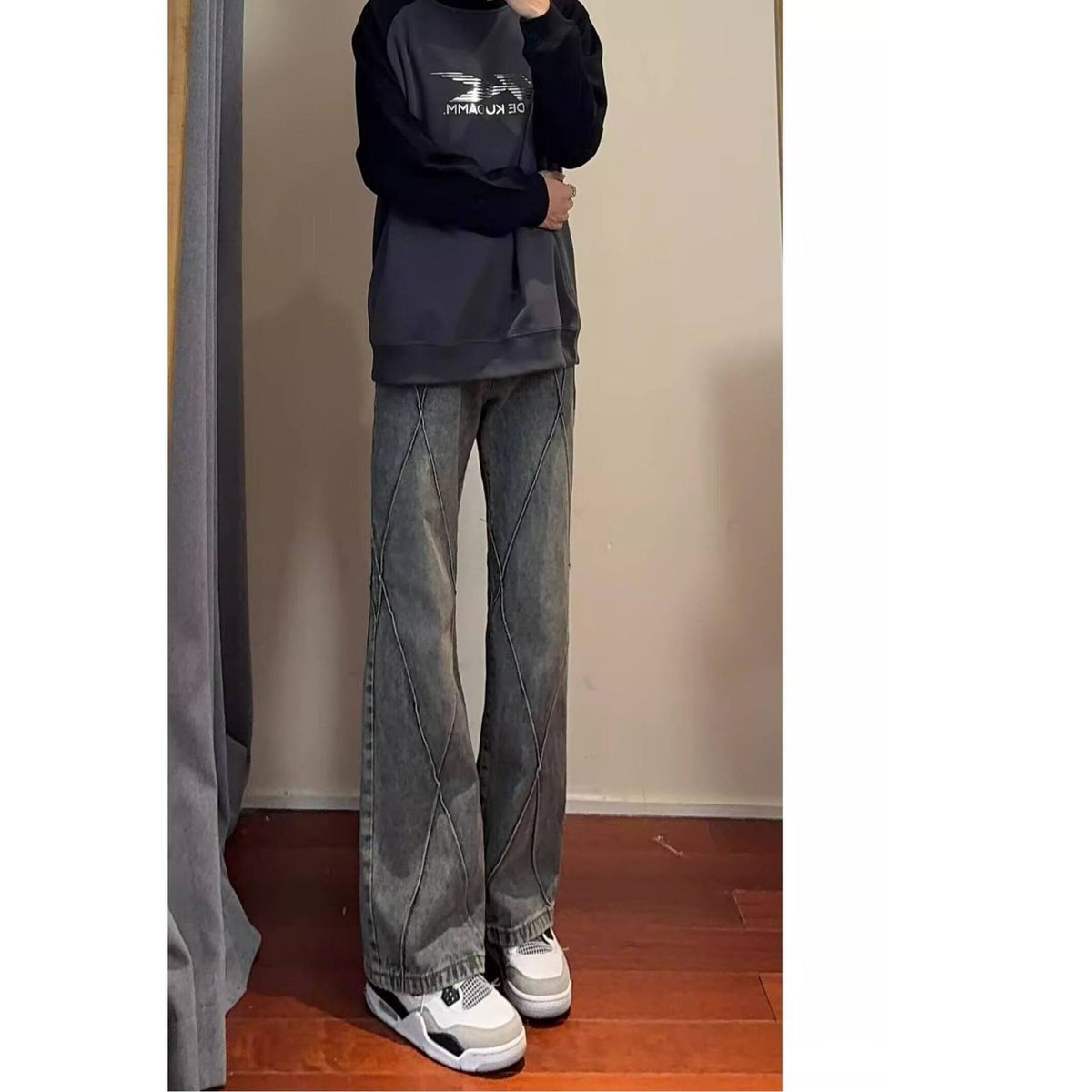 Men's Washed Black Patchwork Slimming Jeans American High Street Style Trendy Cool Slightly Flared Jeans_mkmklike.com