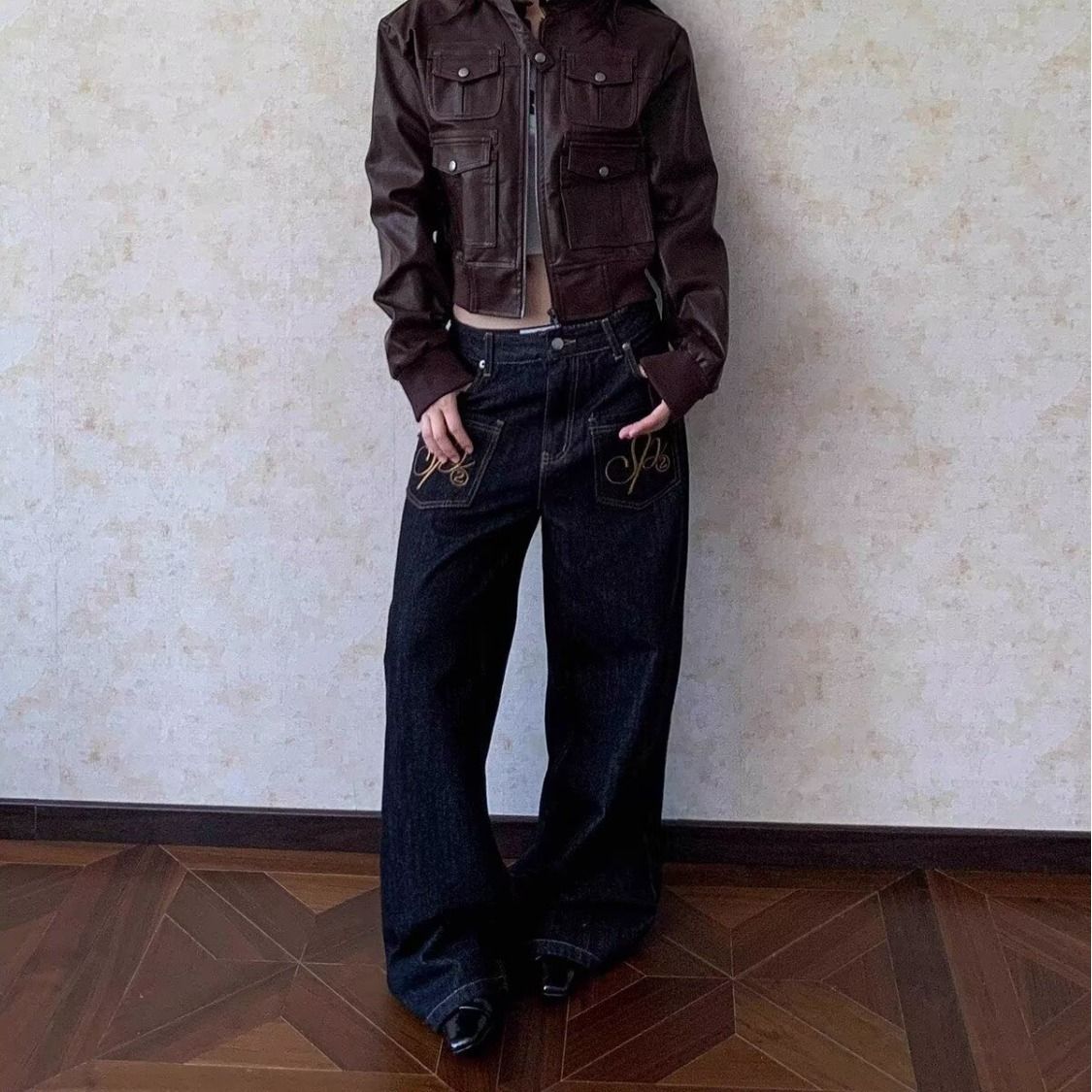 Vintage American Retro Embroidered Washed Jeans For Women – Straight Leg Wide Fit Casual Denim Pants (Black, XS-3XL)_mkmklike.com