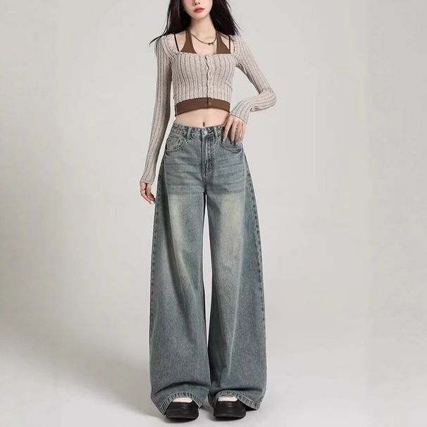 Vintage Korean Wide-Leg Jeans Women, Autumn New Loose Fit For Pear-Shaped Body, BF Lazy Style Plus Size Long Pants_mkmklike.com