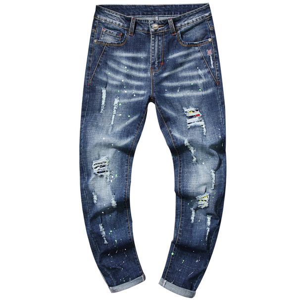 Cross-border Foreign Trade Ripped Embroidered Slim-fit Stretchy Straight-leg Jeans, Unique And Stylish Men's Long Pants_mkmklike.com