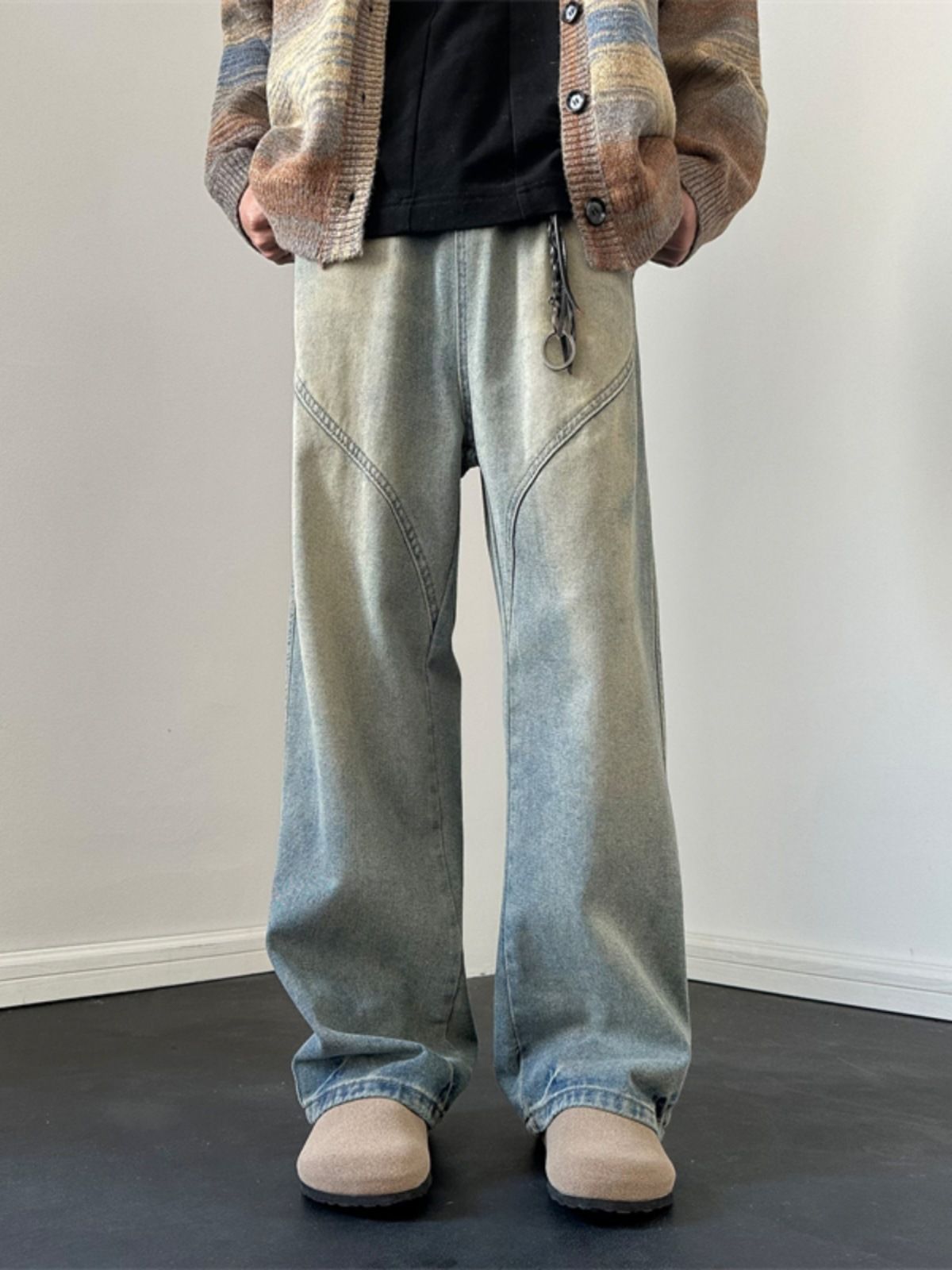 Men's American Style Loose Straight Leg Jeans Trendy Casual Wide Leg Floor Length Pants Slightly Flared Washed Distressed_mkmklike.com