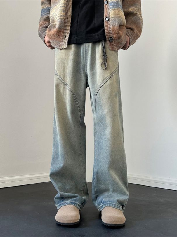 Men's American Style Loose Straight Leg Jeans Trendy Casual Wide Leg Floor Length Pants Slightly Flared Washed Distressed_mkmklike.com