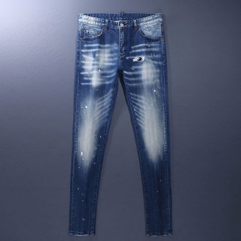 Men's Clothing Men's Jeans Old Blue Washed Hole Patch Paint Trendy Brand Slim Fit Skinny Pants Men_mkmklike.com