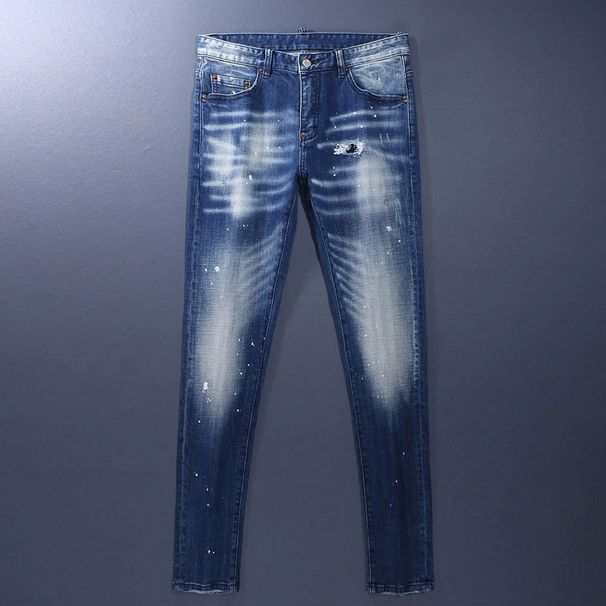 Men's Clothing Men's Jeans Old Blue Washed Hole Patch Paint Trendy Brand Slim Fit Skinny Pants Men_mkmklike.com