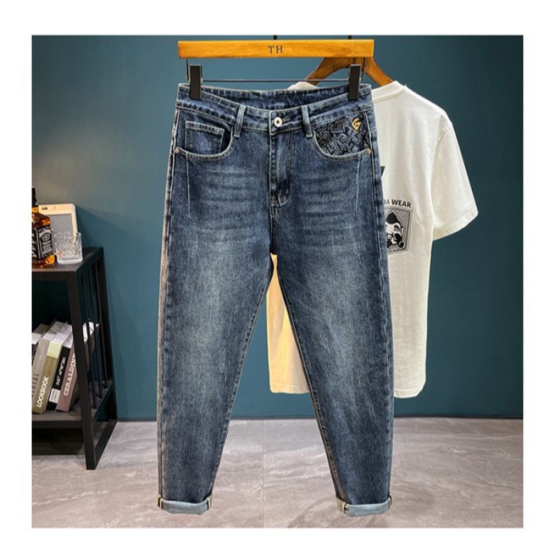 Men's Clothing High End Men's Jeans Versatile Slim Fit Slim Fitting Embroidery Print Casual Trendy Stretch Trousers_mkmklike.com