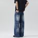 Men's Dark Blue Washed Whiskered A Line Straight Leg Jeans Unisex Versatile Couple Pants_mkmklike.com