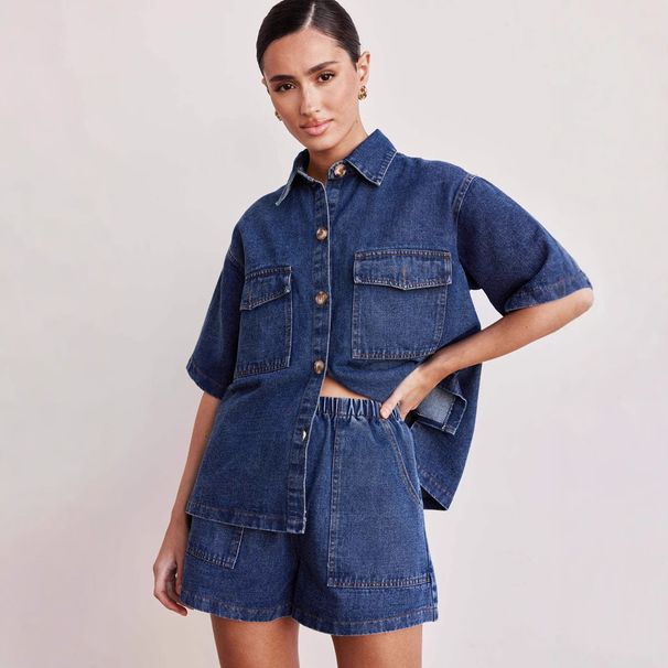 Women's Spring And Summer New Retro Leisure Suit Fashion Loose Pocket Short Sleeve Shorts Denim Suit_mkmklike.com