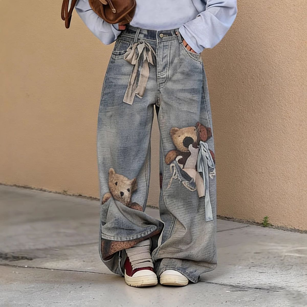 Women's Clothing 3D Optical Print Denim Jeans Bear Bow Design England Style Fashion Spring/Autumn Summer Regular Fit Polyester_mkmklike.com