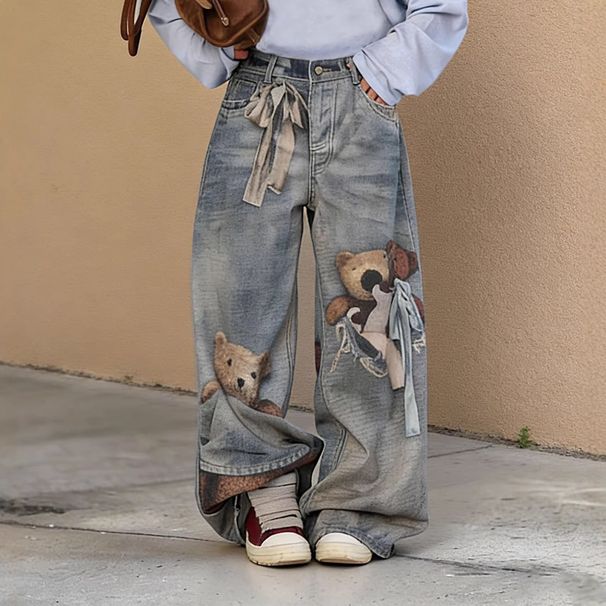 Women's Clothing 3D Optical Print Denim Jeans Bear Bow Design England Style Fashion Spring/Autumn Summer Regular Fit Polyester_mkmklike.com