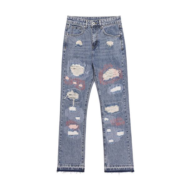 Hip Hop Patch Ripped Jeans Men's High Street Trend Embroidery Wide Straight Leg Loose Flared Pants Men_mkmklike.com