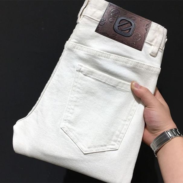 Men's Clothing Cropped Jeans Trendy, Luxurious Casual, Stretchy Slim Fit Stretch White Jeans - Straight Leg Casual Denim Pants For Teen & Young Adults_mkmklike.com