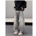 Nordmann American Style Vibe Retro Distressed Gray Ink-Splattered Scimitar Jeans For Men, Niche Design High Street Wide-Leg Pants_mkmklike.com