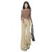 American Retro Khaki Flared Jeans For Women, Autumn And Winter Fleece-Lined Low Waist Brown Melad Loose Floor-Length_mkmklike.com