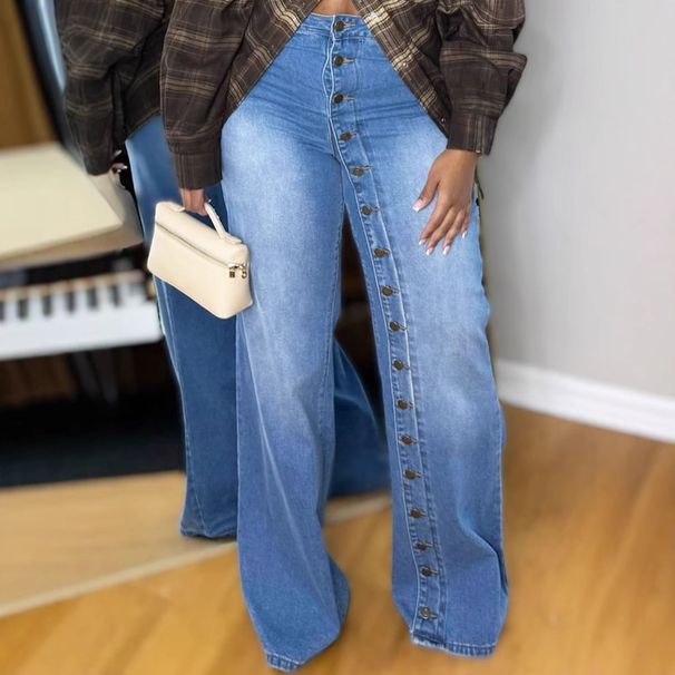 Women's Straight Leg Button-Front Jeans | Heavy-Detail Denim Pants With Multiple Button Accents | Fashionable Streetwear Staple (Blue, S-3XL)_mkmklike.com