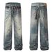 Vintage Washed Denim Jeans For Men – Relaxed Straight Leg, High Street Style, Distressed Splatter Paint Design, Comfortable Cotton Casual Pants_mkmklike.com