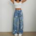 Women's Clothing Street Fashion Loose Straight Wide Leg Pants Printed Denim Trousers_mkmklike.com