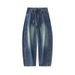 Men's Relaxed Fit Drawstring Jeans – Distressed Washed Denim Pants (Blue/Black, Cotton Blend, Wide-Leg Streetwear, Unisex Casual Style)_mkmklike.com