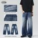 Men's Dark Blue Washed Whiskered A Line Straight Leg Jeans Unisex Versatile Couple Pants_mkmklike.com