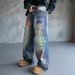 Men's Loose Fit Straight Leg Distressed Denim Jeans With Graffiti Wash - Vintage Blue Casual Streetwear Pants_mkmklike.com