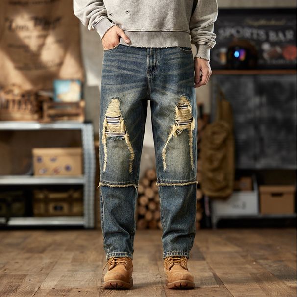 New Style American Distressed Jeans, Casual, Fashionable, Loose, Men's Fashion Trend_mkmklike.com