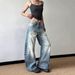 Plus Size Distressed High-Waisted Wide Leg Jeans For Women - Vintage Washed Denim With Raw Hem & Cropped Flare_mkmklike.com