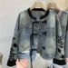 Women's Chinese Style Denim Jacket, Vintage Frog Button Floral Embroidered Jean Coat, Pink Trim Stand Collar Cropped Casual Outerwear For Daily Street_mkmklike.com