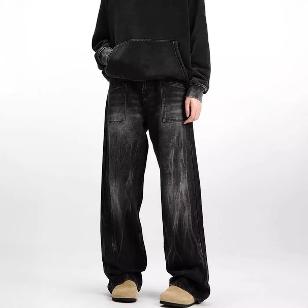Men's Clothing Retro Vintage Black Washed Straight Leg Jeans For Men - High Street Vibe, Streetwear Design, Loose Fit, Distressed Details_mkmklike.com