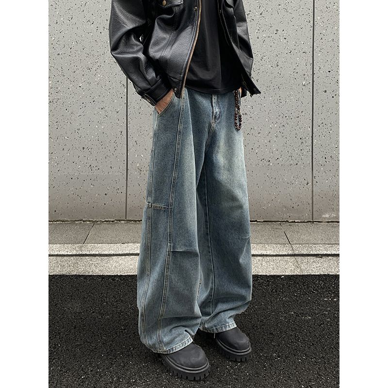 American Retro Blue Curved Hem Jeans Men, Spring, Autumn, Winter Trendy Brand, Stylish Loose Straight-leg Wide-leg Pants_mkmklike.com