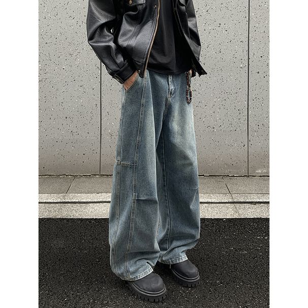 American Retro Blue Curved Hem Jeans Men, Spring, Autumn, Winter Trendy Brand, Stylish Loose Straight-leg Wide-leg Pants_mkmklike.com