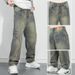 Men's Autumn/Winter Washed Distressed Retro Blue Jeans Embroidered Patchwork Loose Straight Leg Street Style Denim_mkmklike.com