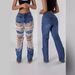Women's Clothing 2024 large hole jeans women's chain bead necklace pendant straight pants_mkmklike.com