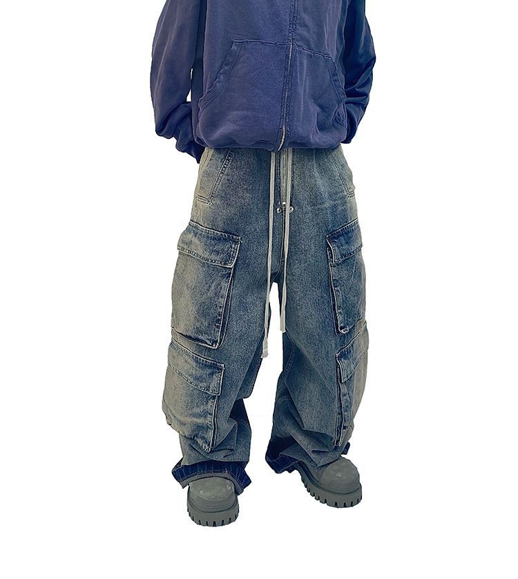 Vintage Washed Cargo Jeans Oversized Workwear Pants With Gradient Fading, Multi-Pocket Utility Design Floor-Skimming Wide Leg For Streetwear Styling_mkmklike.com