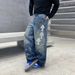 Men's Distressed Blue Washed Jeans - Relaxed Straight Leg Vintage Denim Pants With Hand-Painted Details & Hanging Beads (S-3XL, Classic Blue)_mkmklike.com