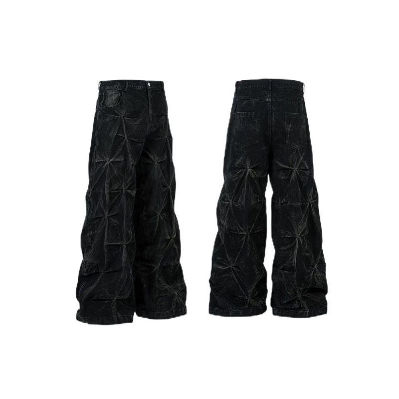 Men's Vintage Washed Denim Jeans - Oversized Wide Leg High Street Trousers With 90s Retro Drop Cuff & Relaxed Straight Fit For Urban Streetwear_mkmklike.com