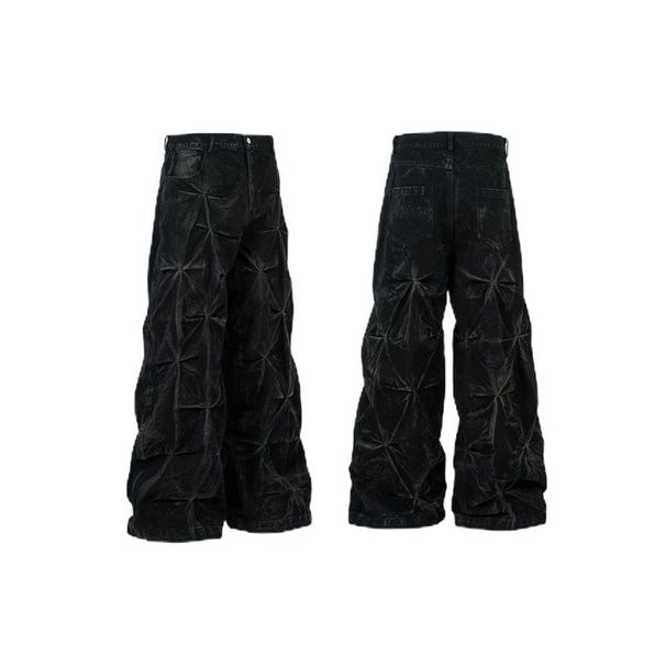 Men's Vintage Washed Denim Jeans - Oversized Wide Leg High Street Trousers With 90s Retro Drop Cuff & Relaxed Straight Fit For Urban Streetwear_mkmklike.com