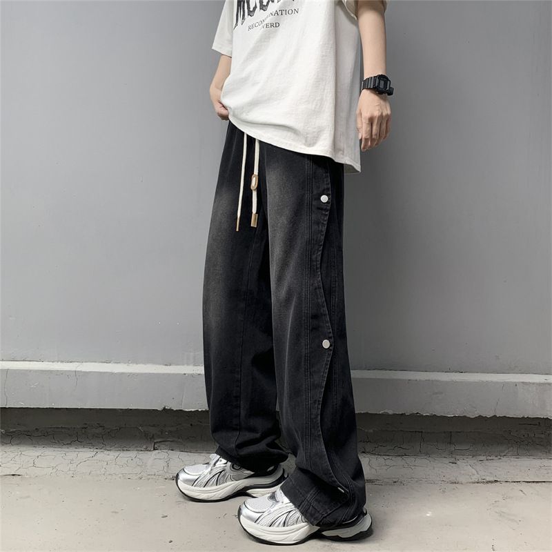Retro Light Blue Men's Jeans High Street Hip Hop Stacked Design Straight Leg Loose Fit_mkmklike.com