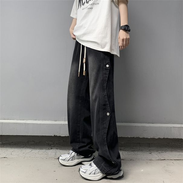Retro Light Blue Men's Jeans High Street Hip Hop Stacked Design Straight Leg Loose Fit_mkmklike.com