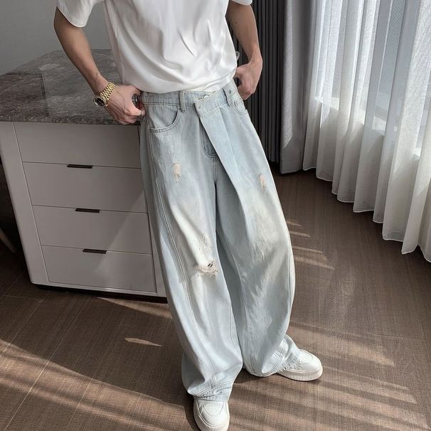 Men's Retro Washed Distressed Ripped Jeans Loose Straight Leg Casual Versatile Trousers_mkmklike.com