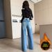 Women's Clothing Versatile Rhinestone Straight Leg Wide Leg Jeans Petite Regular Thickness Polyester Solid Pattern England Style Fashion_mkmklike.com