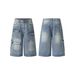 Men's Clothing Street Style Multi Pocket Stitching Distressed Wide Leg Jeans Washed Distressed Loose Embroidered Wide Leg Pants_mkmklike.com