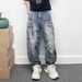 Men's Distressed Washed Denim Jeans – Oversized Cargo Pants With Paint Splatter & Multi-Pocket Design (Straight Fit) – Heavyweight Workwear Pants_mkmklike.com