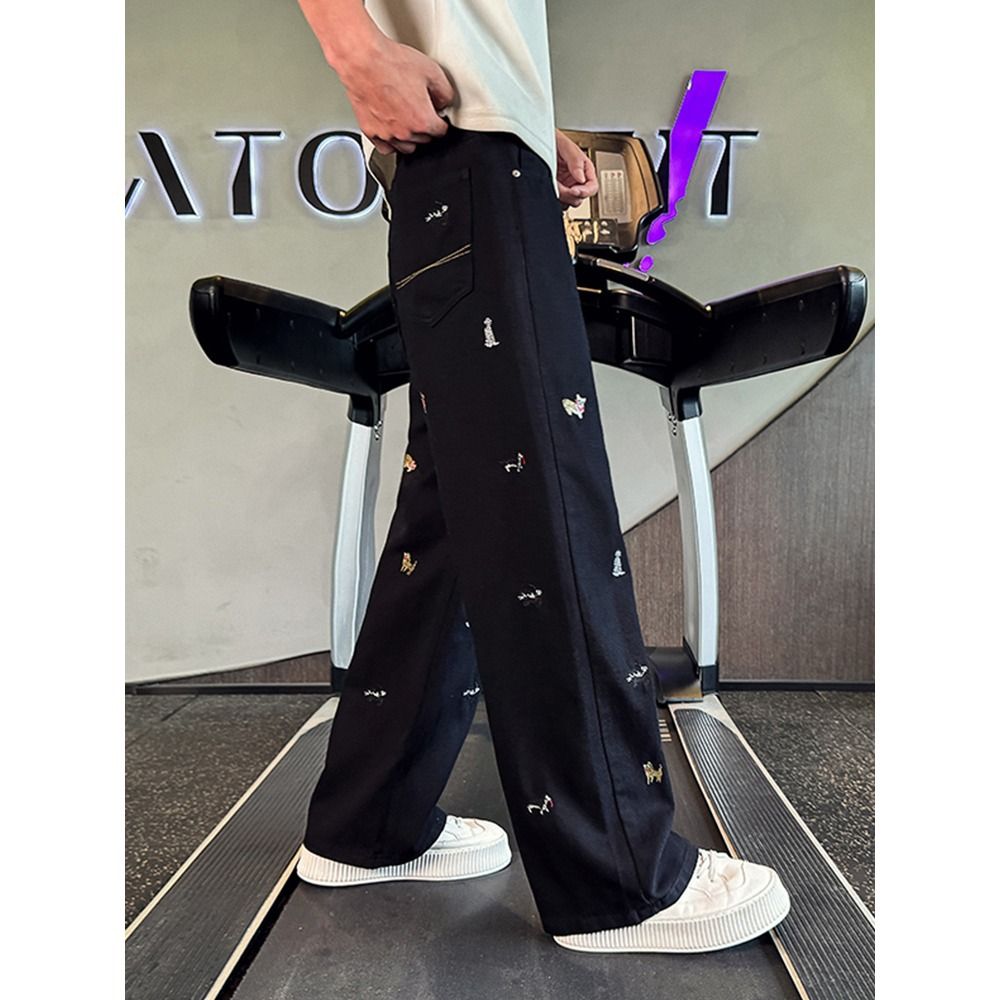 Men's Clothing Embroidered Washed Straight Leg Jeans Men Women Retro Loose Wide Leg Floor Length Pants_mkmklike.com