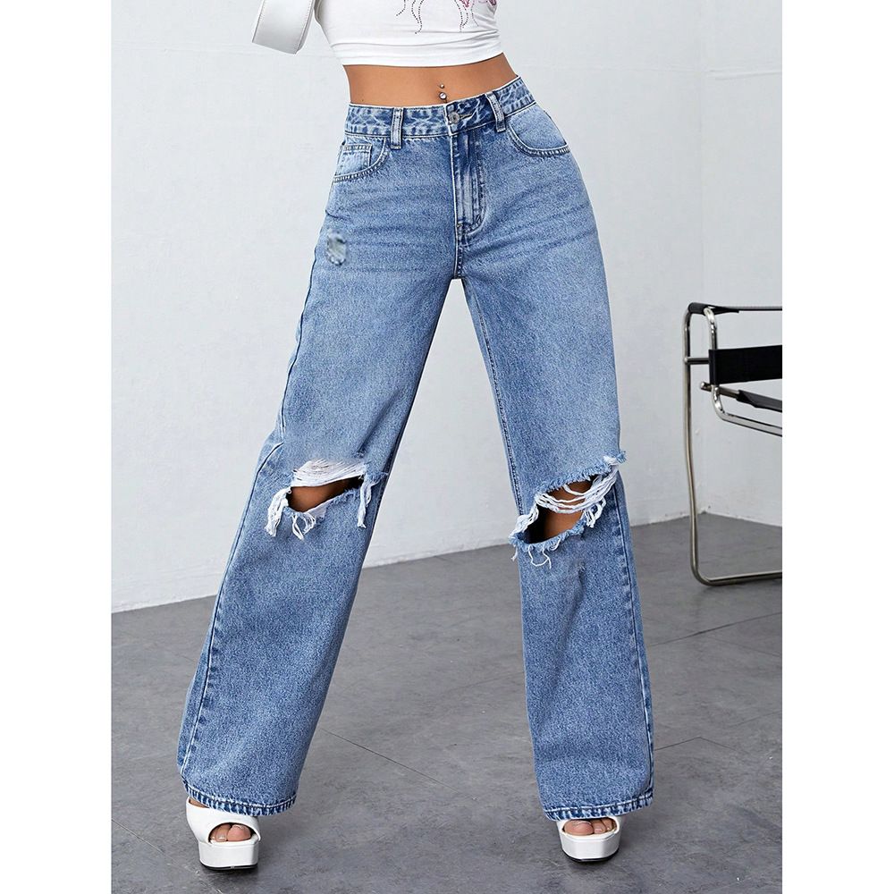Distressed Washed Straight-Leg Jeans For Women – High Waist, Relaxed Fit, Trendy Ripped Denim Fashion Trends_mkmklike.com