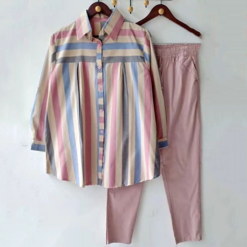 Women's Spring And Autumn Large Size Loose Fat MM Striped Collar Long-sleeved Fashion Sports Suit Two-piece Suit_mkmklike.com