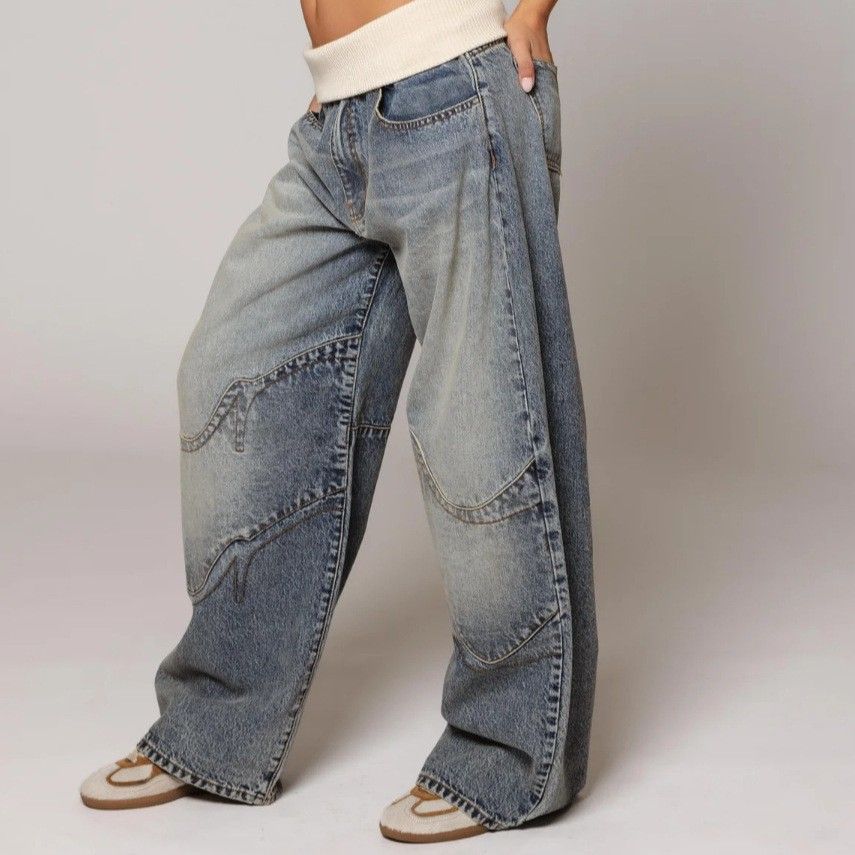American Retro Street Washed Vintage Blue Unisex Straight Loose Design Casual Jeans_mkmklike.com